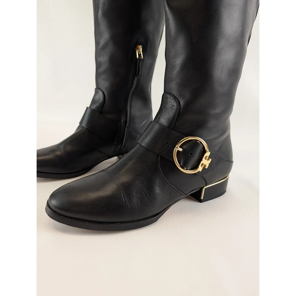 Tory Burch Womens Black Leather Riding Boots‎ Sz 7.5M Gold Logo Buckle Knee High